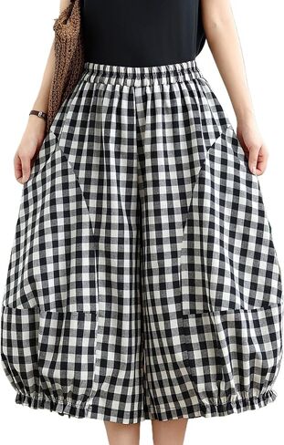 Black White Gingham High Waisted Loose Fit Wide Leg Pants for Women in Kuwait