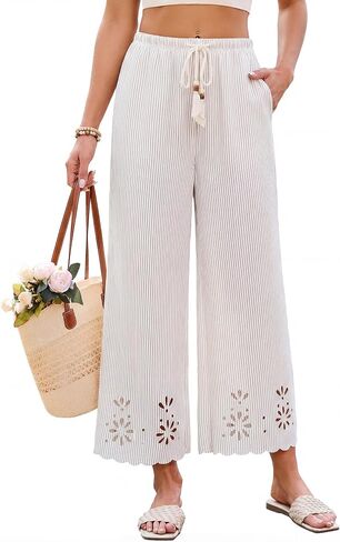 Blooming Jelly Womens Striped Wide Leg Pants Summer Beach Palazzo Pant Lounge Casual Trousers with Pockets in Kuwait
