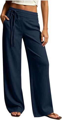 Hvyesh Wide Leg Linen Pants for Women Loose Flowy Palazzo Drawstring Elastic Waist Trousers Summer Beach Vacation Clothes in Saudi Arabia