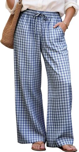 Womens Wide Leg Gingham Pants Cotton Plaid High Waisted Casual Lounge Trousers with Pockets in Saudi Arabia