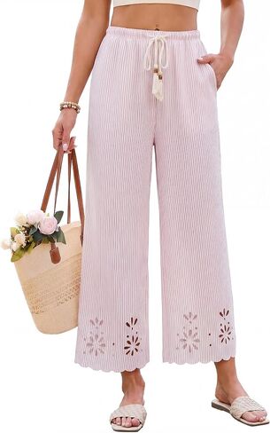 Blooming Jelly Womens Striped Wide Leg Pants Summer Beach Palazzo Pant Lounge Casual Trousers with Pockets in Kuwait