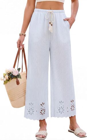 Blooming Jelly Womens Striped Wide Leg Pants Summer Beach Palazzo Pant Lounge Casual Trousers with Pockets in Kuwait