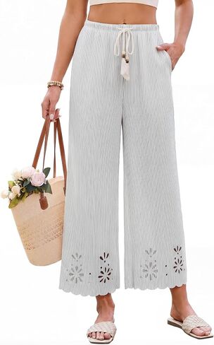 Blooming Jelly Womens Striped Wide Leg Pants Summer Beach Palazzo Pant Lounge Casual Trousers with Pockets in Kuwait