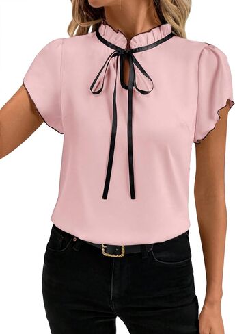 Women's Cute Tie Ruffle Trim Mock Neck Summer Puff Short Sleeve Elegant Office Blouse Shirt Tops in Saudi Arabia