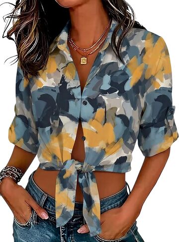 Women's 3/4 Sleeve Denim Crop Top Tops Cowgirl Tie Front Knot Chambray Button Down Shirt for Women Cardigan in Saudi Arabia