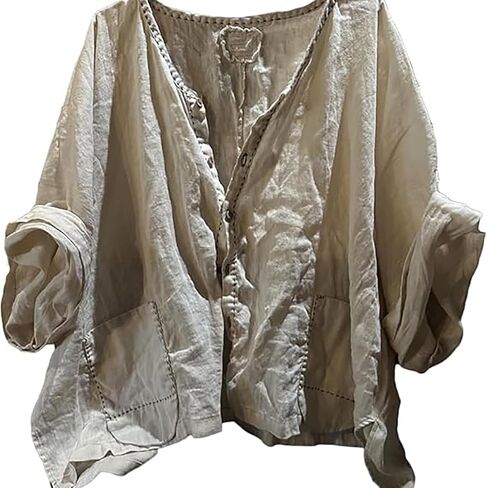 LZJN Women's Linen Shirt Casual Half Sleeve Loose Fit Button-Down Blouse Breathable Lightweight Tops in Saudi Arabia