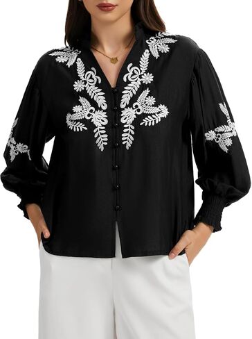 ChiaoLezhee Embroidered Tops for Women, Boho Floral Mexican Blouse, V-Neck Puff Long Sleeve, Button Down Ruched Shirts Casual in Kuwait