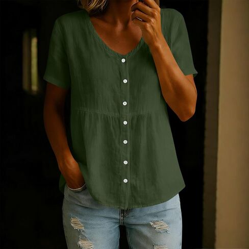 Womens Oversized Linen Babydoll Shirts Button Down Empire Waist Peplum Tops Summer Hide Tummy Gauzy Tunic Cute Blouse in Kuwait