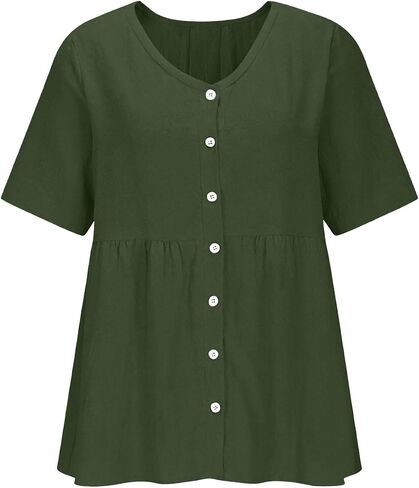 Womens Oversized Linen Babydoll Shirts Button Down Empire Waist Peplum Tops Summer Hide Tummy Gauzy Tunic Cute Blouse in Kuwait