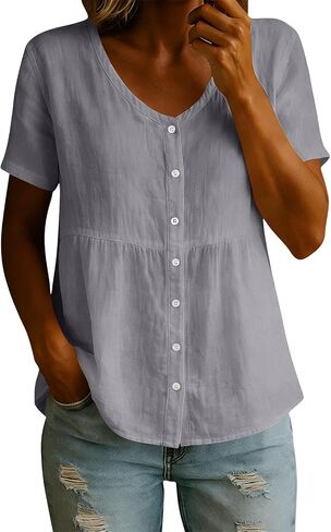Womens Oversized Linen Babydoll Shirts Button Down Empire Waist Peplum Tops Summer Hide Tummy Gauzy Tunic Cute Blouse in Kuwait