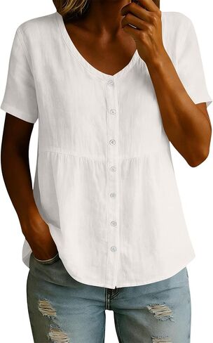 Womens Oversized Linen Babydoll Shirts Button Down Empire Waist Peplum Tops Summer Hide Tummy Gauzy Tunic Cute Blouse in Kuwait