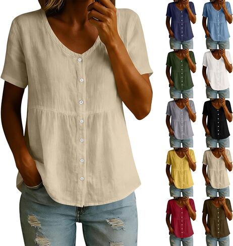 Womens Oversized Linen Babydoll Shirts Button Down Empire Waist Peplum Tops Summer Hide Tummy Gauzy Tunic Cute Blouse in Kuwait