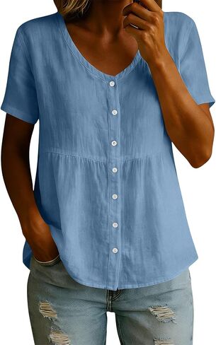Womens Oversized Linen Babydoll Shirts Button Down Empire Waist Peplum Tops Summer Hide Tummy Gauzy Tunic Cute Blouse in Kuwait