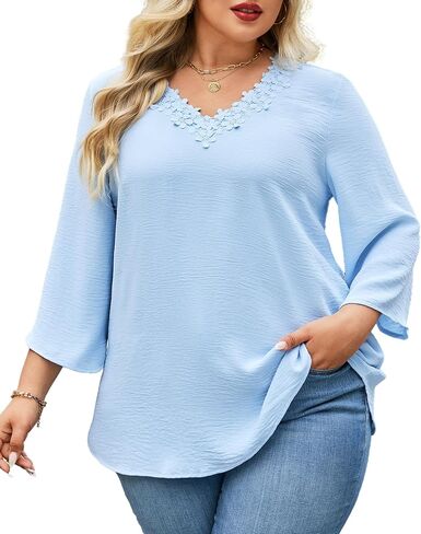 Womens Plus Size Blouses Dressy Casual 3/4 Sleeve Elegant V Neck Floral Trim Ladies Tunics Tops in Saudi Arabia