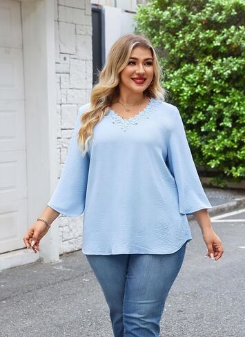 Womens Plus Size Blouses Dressy Casual 3/4 Sleeve Elegant V Neck Floral Trim Ladies Tunics Tops in Saudi Arabia