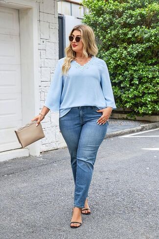 Womens Plus Size Blouses Dressy Casual 3/4 Sleeve Elegant V Neck Floral Trim Ladies Tunics Tops in Saudi Arabia