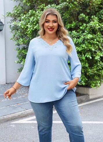 Womens Plus Size Blouses Dressy Casual 3/4 Sleeve Elegant V Neck Floral Trim Ladies Tunics Tops in Saudi Arabia