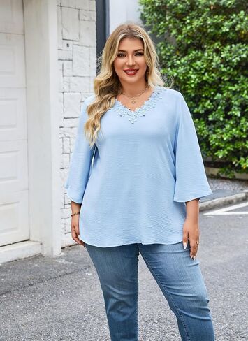 Womens Plus Size Blouses Dressy Casual 3/4 Sleeve Elegant V Neck Floral Trim Ladies Tunics Tops in Saudi Arabia