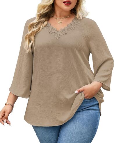 Womens Plus Size Blouses Dressy Casual 3/4 Sleeve Elegant V Neck Floral Trim Ladies Tunics Tops in Saudi Arabia