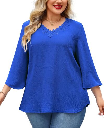 Womens Plus Size Blouses Dressy Casual 3/4 Sleeve Elegant V Neck Floral Trim Ladies Tunics Tops in Saudi Arabia