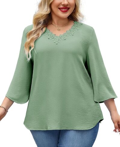 Womens Plus Size Blouses Dressy Casual 3/4 Sleeve Elegant V Neck Floral Trim Ladies Tunics Tops in Saudi Arabia