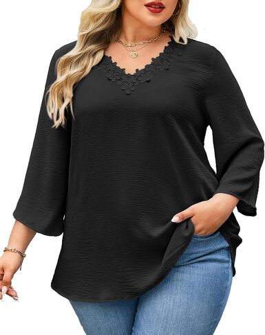Womens Plus Size Blouses Dressy Casual 3/4 Sleeve Elegant V Neck Floral Trim Ladies Tunics Tops in Saudi Arabia