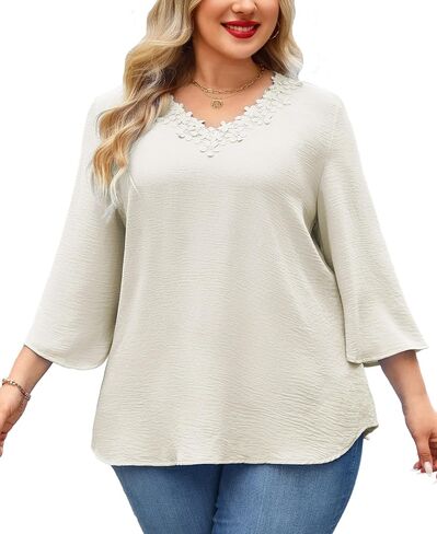 Womens Plus Size Blouses Dressy Casual 3/4 Sleeve Elegant V Neck Floral Trim Ladies Tunics Tops in Saudi Arabia
