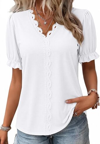 Blouses for Women Dressy Casual Lace Ruffle Puff Sleeve Tops Boho V Neck Summer Spring Fashion Clothes 2026 in Kuwait