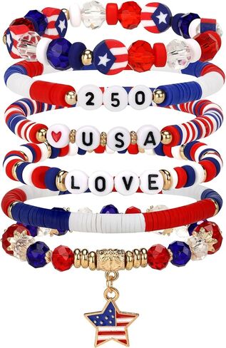 4th of July Bracelets for Women Men Teens 250th Anniversary USA Patriotic Jewelry Red White Blue Clay Beaded Stackable Stretch Bracelets Fourth of July Accessories in Saudi Arabia