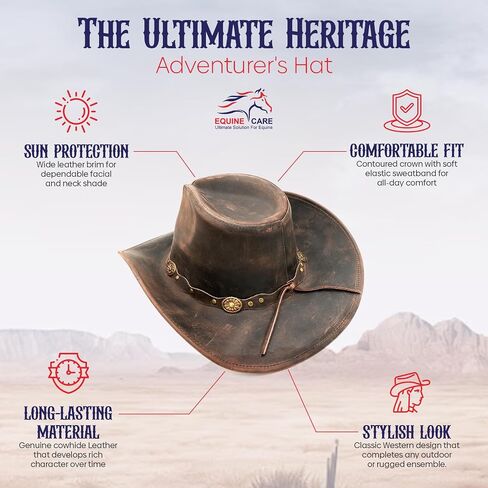 Equine Care Leather Cowboy Hat for Men & Women – Antique Brown Genuine Cowhide Western Hat, Shapeable Brim, Outback Crown, Cowgirl Style (Size M 56-57 cm | 7-7 1/8) in Saudi Arabia