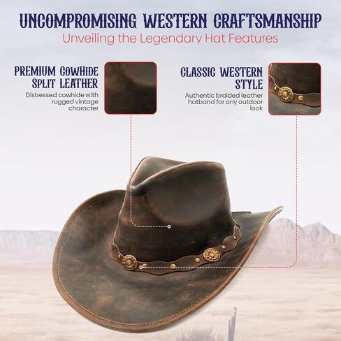 Equine Care Leather Cowboy Hat for Men & Women – Antique Brown Genuine Cowhide Western Hat, Shapeable Brim, Outback Crown, Cowgirl Style (Size M 56-57 cm | 7-7 1/8) in Saudi Arabia
