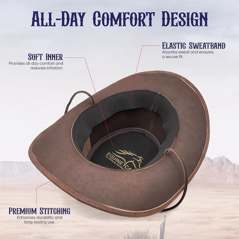 Equine Care Leather Cowboy Hat for Men & Women – Antique Brown Genuine Cowhide Western Hat, Shapeable Brim, Outback Crown, Cowgirl Style (Size M 56-57 cm | 7-7 1/8) in Saudi Arabia