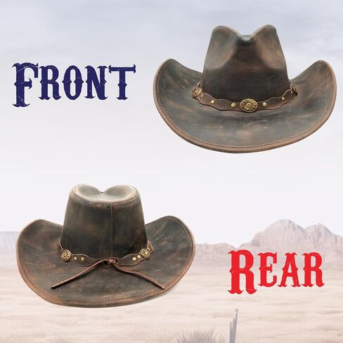 Equine Care Leather Cowboy Hat for Men & Women – Antique Brown Genuine Cowhide Western Hat, Shapeable Brim, Outback Crown, Cowgirl Style (Size M 56-57 cm | 7-7 1/8) in Saudi Arabia