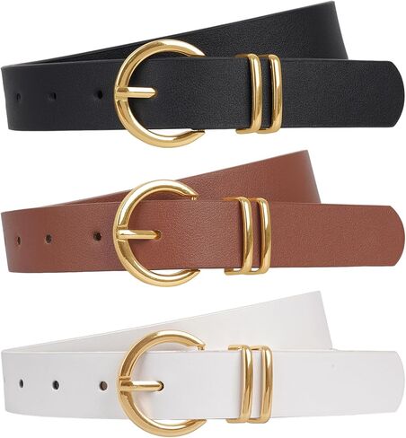 HOVEOX 3 Pcs Belts for Women Womens Belt Leather for Jeans Pants Brown Black White with Gold Buckle in Kuwait