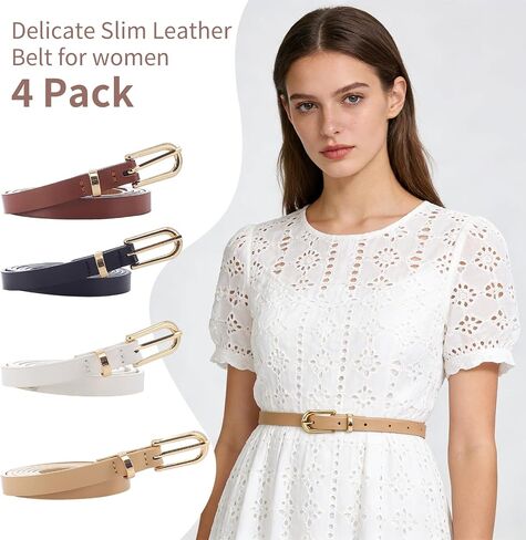 4 Pack Classic Belt for Dress Skinny Belt Women with Gold Buckle Thin Leather Waist Belt for Jeans Pants Dresses Daily Wear in Saudi Arabia