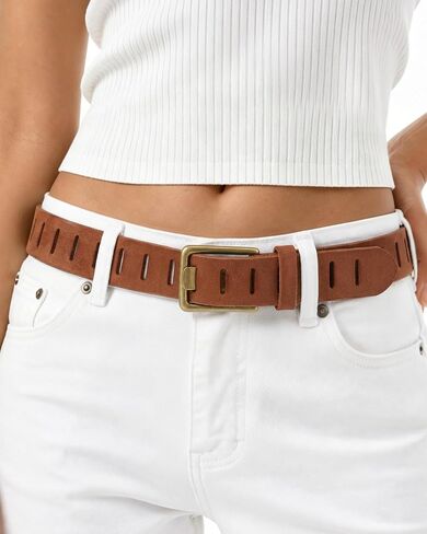 WHIPPY Genuine Leather Belt for Women Western Belt for Jeans with Vintage Gold Buckle & Full-Hole Strap, 1.5" Wide in Kuwait