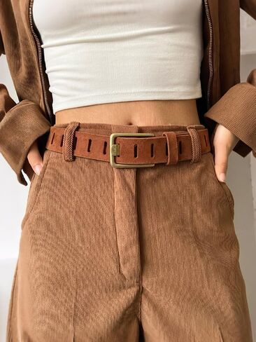 WHIPPY Genuine Leather Belt for Women Western Belt for Jeans with Vintage Gold Buckle & Full-Hole Strap, 1.5" Wide in Kuwait