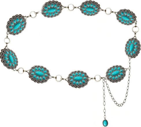 Bohemia Women Turquoise Concho Chain Waist Belt, Western Cowgirl Turquoise Waist Chain Belt for Dresses Jeansns in Saudi Arabia