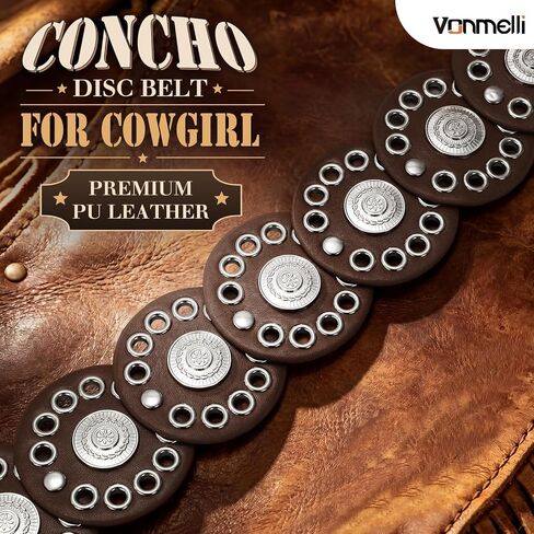 VONMELLI Women's Coffee Western Belts Wide Disc Concho Belt Cowgirl Boho Country Leather Belt for Dress Jeans Skirt, M in Kuwait