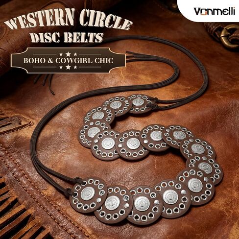 VONMELLI Women's Coffee Western Belts Wide Disc Concho Belt Cowgirl Boho Country Leather Belt for Dress Jeans Skirt, M in Kuwait
