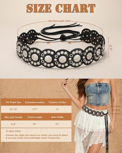VONMELLI Women's Coffee Western Belts Wide Disc Concho Belt Cowgirl Boho Country Leather Belt for Dress Jeans Skirt, M in Kuwait