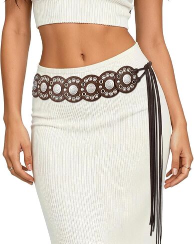 VONMELLI Women's Coffee Western Belts Wide Disc Concho Belt Cowgirl Boho Country Leather Belt for Dress Jeans Skirt, M in Kuwait