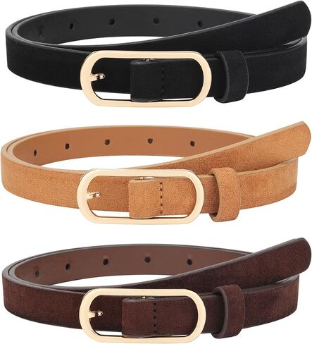 AWAYTR 3 Pack Skinny Belts for Women, Adjustable Thin Faux Suede Waist Belt with Gold Buckle for Dresses Jeans & Trousers in Kuwait