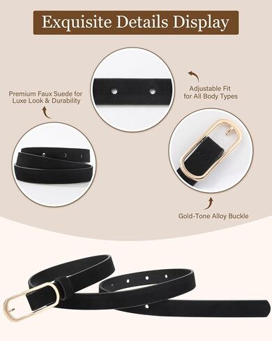 AWAYTR 3 Pack Skinny Belts for Women, Adjustable Thin Faux Suede Waist Belt with Gold Buckle for Dresses Jeans & Trousers in Kuwait