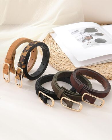 AWAYTR 3 Pack Skinny Belts for Women, Adjustable Thin Faux Suede Waist Belt with Gold Buckle for Dresses Jeans & Trousers in Kuwait