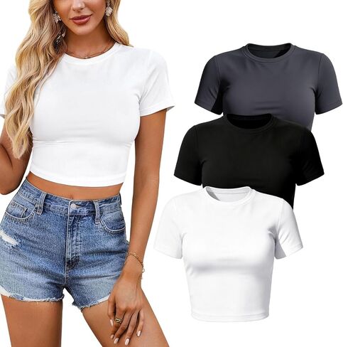 Multi-Pack Women's Knit Cropped T-Shirts, Slim Fit Short Sleeve Basic Crop Tees in Saudi Arabia