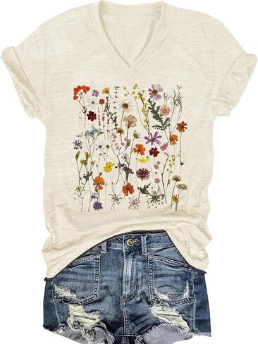 Womens V Neck Floral Graphic Tees Vintage Boho Short Sleeve Casual Wildflowers Tops in Saudi Arabia