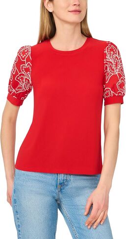 CeCe Women's Crew Neck Mixed Media Short Sleeve Knit in Kuwait
