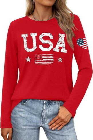 LAZYCHILD 4th of July Shirts for Women: Fourth of July T-Shirt USA American Flag Long Sleeve Patriotic Tops in Saudi Arabia