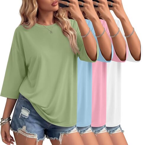 Huukeay 4 Pack المرأة المتضخم تي شيرت القطن Crewneck 3/4 كم بلايز فضفاضة تناسب الصالة الرياضية تجريب الأساسية عادية تيز in Kuwait